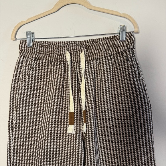 Brown and White Women's Striped Pants, elastic waist, adjustable ankle cuff. - Picture 3 of 16